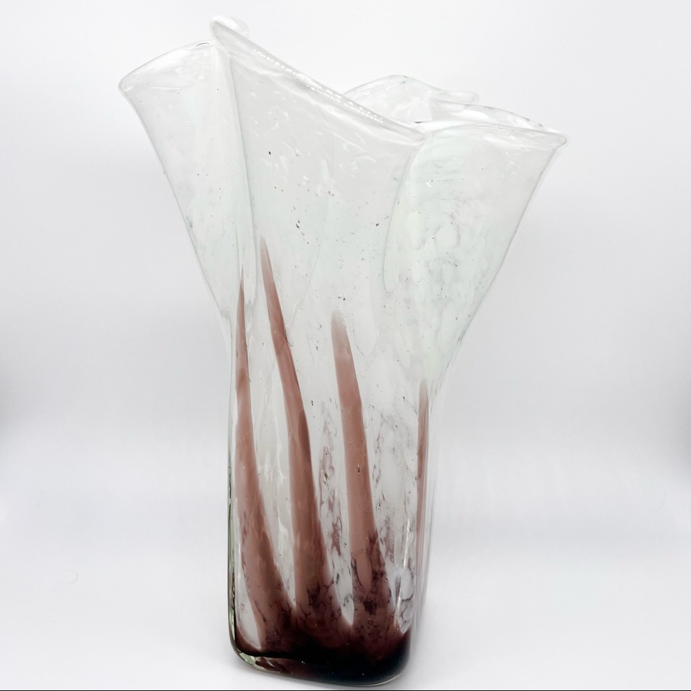 Margies Garden Handblown Handkerchief Vase Art Glass Clear Frosted White Plum
